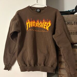 Thrasher Skateboard Magazine Chocolate Brown Flames Logo Crewneck Sweater Small